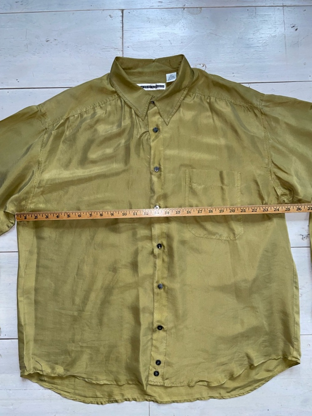 Fenn Wright Manson Men’s 100% Silk Button Down Long Sleeve Shirt L Olive Vtg - Picture 5 of 7